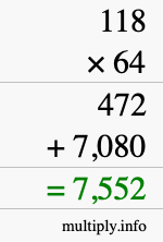 How to calculate 118 times 64 using long multiplication
