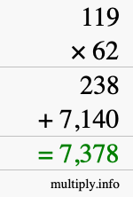 How to calculate 119 times 62 using long multiplication