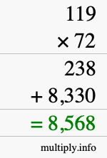 How to calculate 119 times 72 using long multiplication