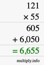 How to calculate 121 times 55 using long multiplication