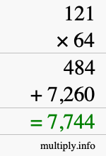How to calculate 121 times 64 using long multiplication
