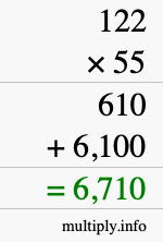 How to calculate 122 times 55 using long multiplication