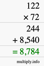 How to calculate 122 times 72 using long multiplication