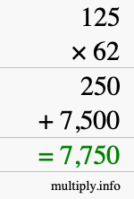 How to calculate 125 times 62 using long multiplication