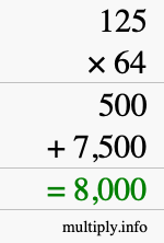How to calculate 125 times 64 using long multiplication