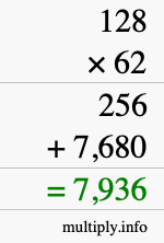 How to calculate 128 times 62 using long multiplication How to calculate 128 times 62 using long multiplication