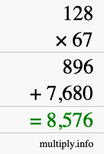 How to calculate 128 times 67 using long multiplication