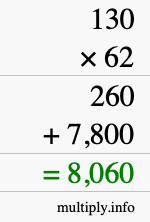 How to calculate 130 times 62 using long multiplication