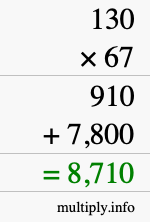 How to calculate 130 times 67 using long multiplication