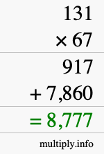 How to calculate 131 times 67 using long multiplication
