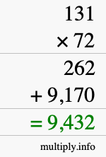 How to calculate 131 times 72 using long multiplication