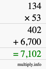 How to calculate 134 times 53 using long multiplication