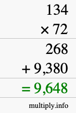 How to calculate 134 times 72 using long multiplication
