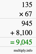 How to calculate 135 times 67 using long multiplication