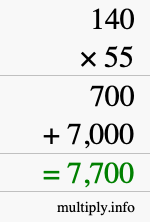 How to calculate 140 times 55 using long multiplication