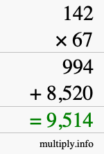 How to calculate 142 times 67 using long multiplication