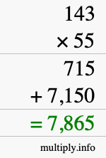 How to calculate 143 times 55 using long multiplication