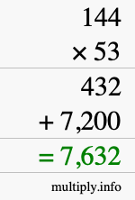 How to calculate 144 times 53 using long multiplication