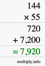 How to calculate 144 times 55 using long multiplication
