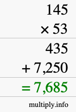 How to calculate 145 times 53 using long multiplication