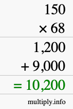 How to calculate 150 times 68 using long multiplication