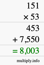 How to calculate 151 times 53 using long multiplication