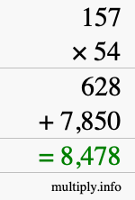 How to calculate 157 times 54 using long multiplication