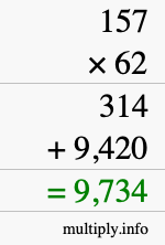 How to calculate 157 times 62 using long multiplication