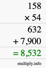 How to calculate 158 times 54 using long multiplication