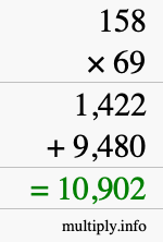How to calculate 158 times 69 using long multiplication