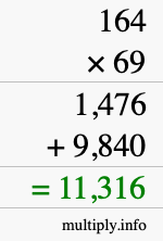 How to calculate 164 times 69 using long multiplication