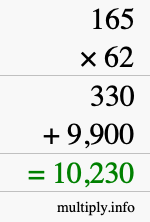 How to calculate 165 times 62 using long multiplication
