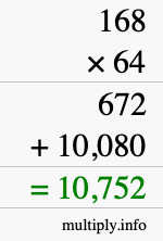 How to calculate 168 times 64 using long multiplication