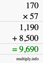 How to calculate 170 times 57 using long multiplication