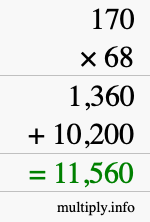 How to calculate 170 times 68 using long multiplication