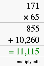 How to calculate 171 times 65 using long multiplication