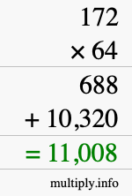 How to calculate 172 times 64 using long multiplication