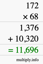 How to calculate 172 times 68 using long multiplication