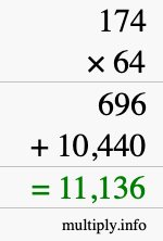 How to calculate 174 times 64 using long multiplication