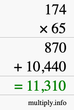 How to calculate 174 times 65 using long multiplication