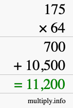 How to calculate 175 times 64 using long multiplication