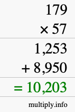 How to calculate 179 times 57 using long multiplication