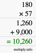 How to calculate 180 times 57 using long multiplication