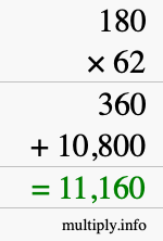 How to calculate 180 times 62 using long multiplication