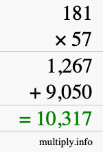 How to calculate 181 times 57 using long multiplication