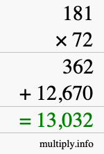 How to calculate 181 times 72 using long multiplication How to calculate 181 times 72 using long multiplication