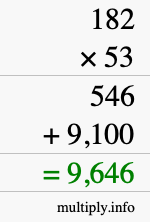How to calculate 182 times 53 using long multiplication