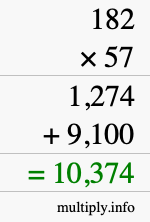 How to calculate 182 times 57 using long multiplication