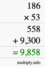 How to calculate 186 times 53 using long multiplication
