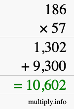 How to calculate 186 times 57 using long multiplication